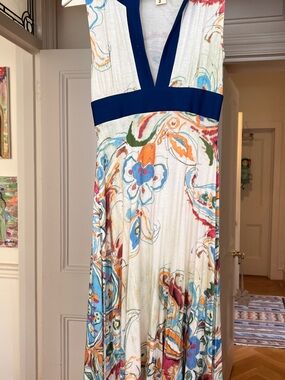 Searle White Maxi Dress with Navy V-Band and Multicolor Floral Motif